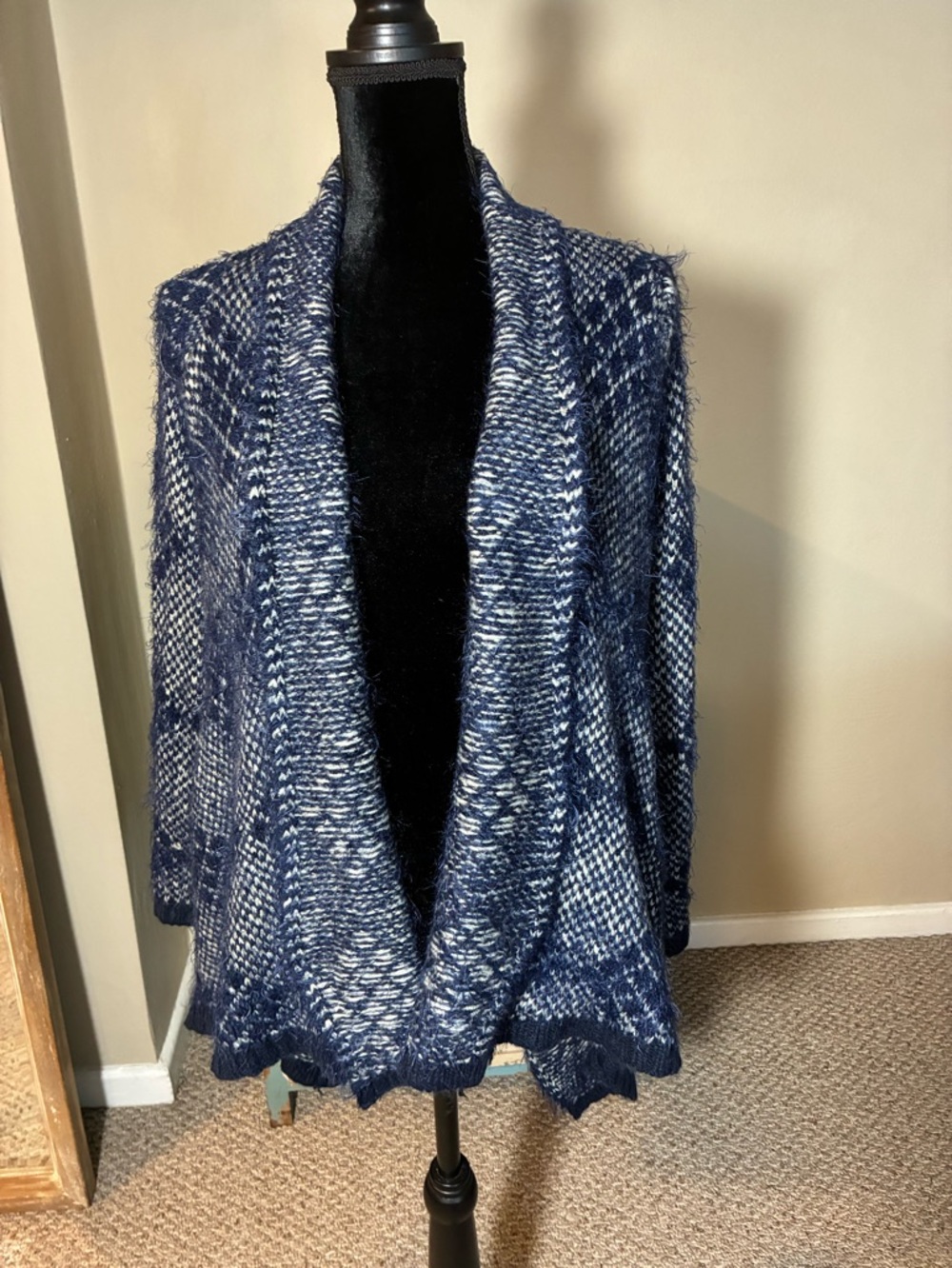 BCBGMaxAzria Navy and White Knit Open-Front Cardigan. Size Small
